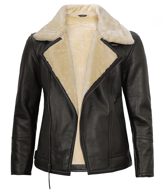 Mitchel Men’s Dark Brown Shearling Leather Biker Jacket – Front Open View | NSM Jackets