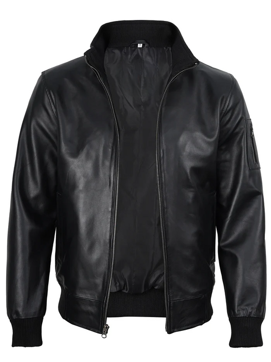 Hawk Men's Black Leather Bomber Jacket - Front Open View