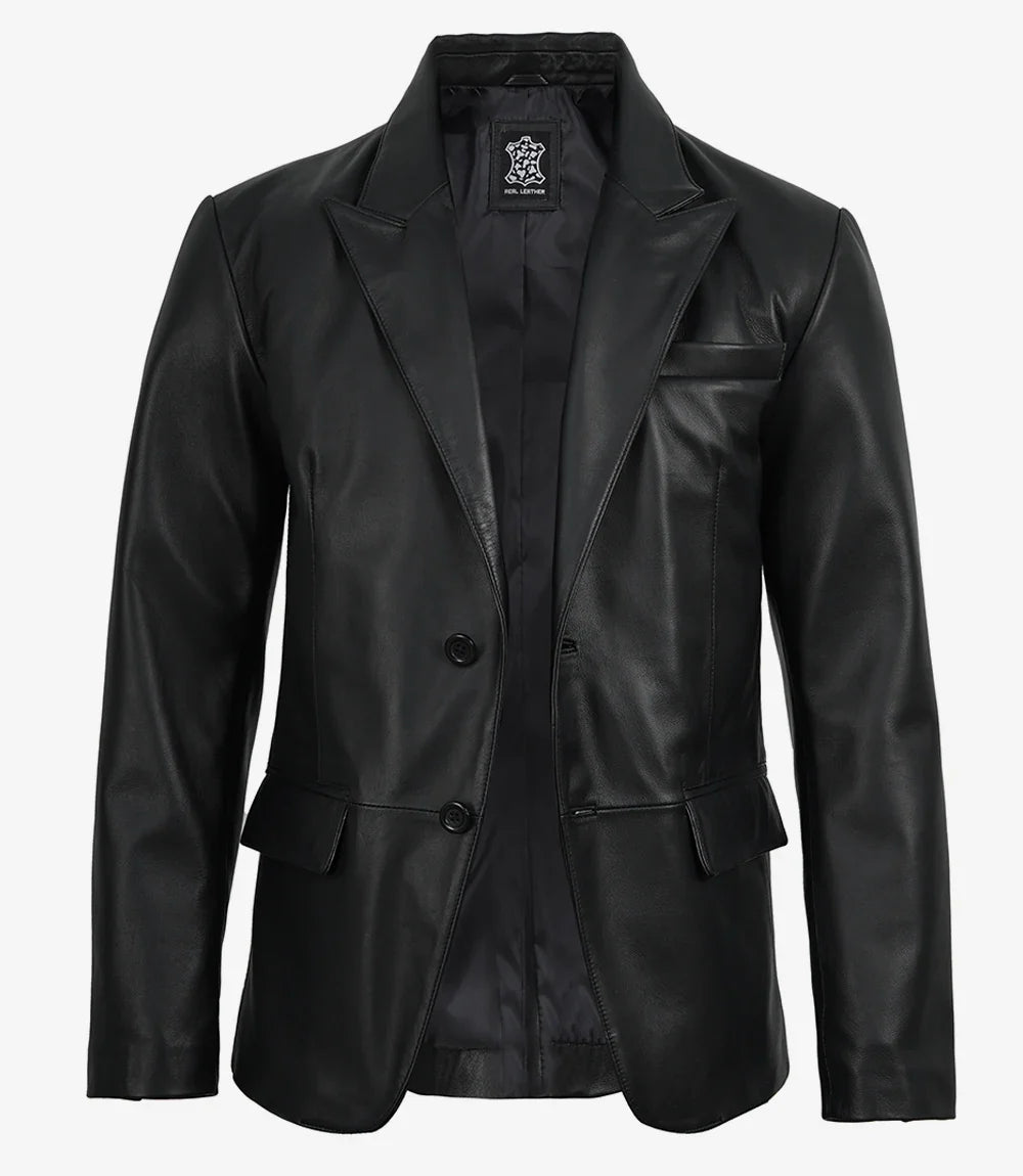 Baron men's black leather blazer, front view, buttoned