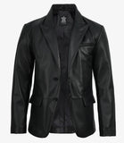 Baron men's black leather blazer, front view, buttoned