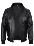 Premium Black Bomber Leather Jacket – Close-Up Texture Detail | NSM Jackets