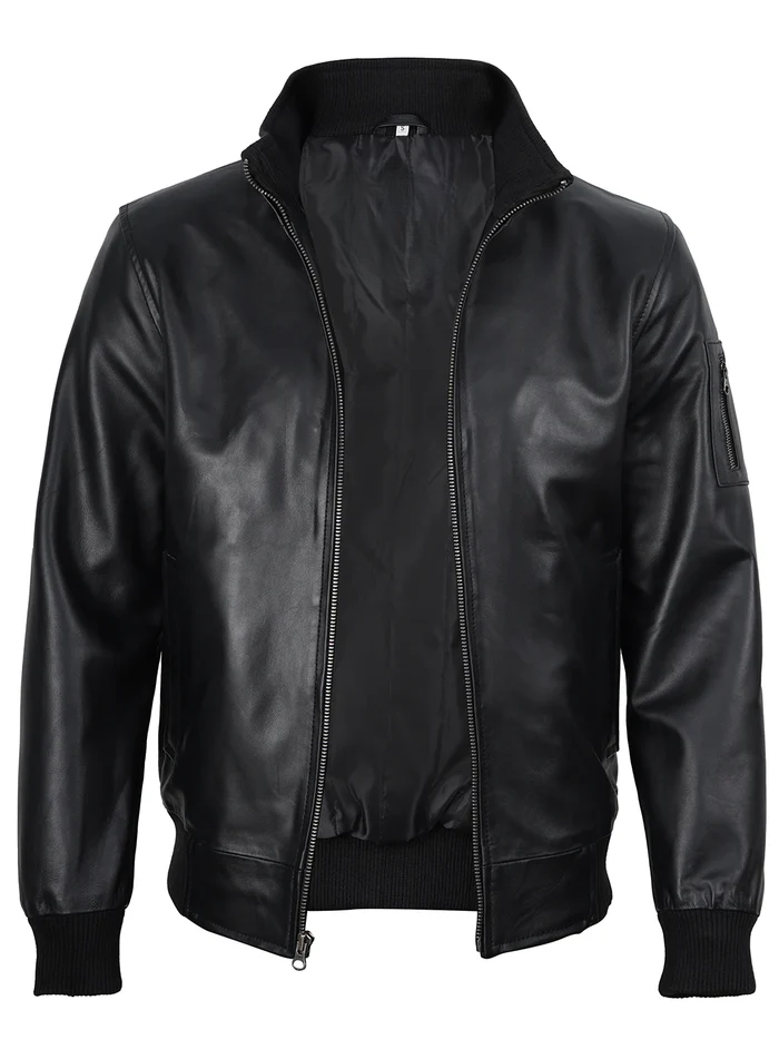 Premium Black Bomber Leather Jacket – Close-Up Texture Detail | NSM Jackets