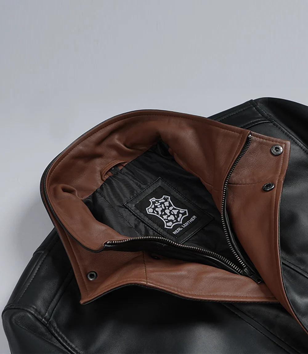Men's black leather jacket, brown collar lining detail