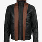 Men's black leather jacket with brown lapel, front view