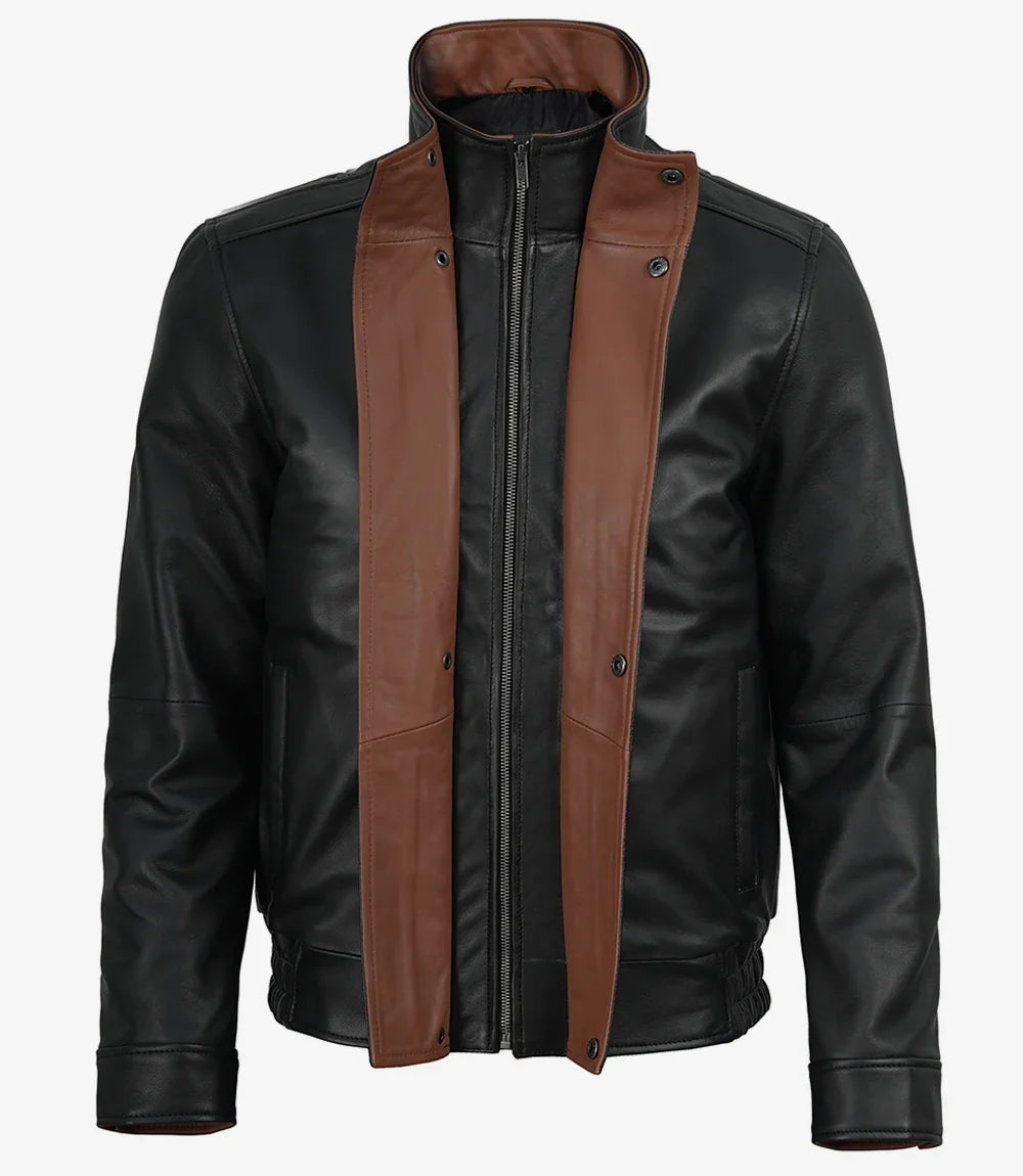 Men's black leather jacket with brown lapel, front view