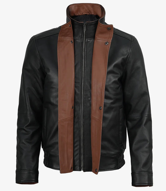 Men's black leather jacket with brown lapel, front view