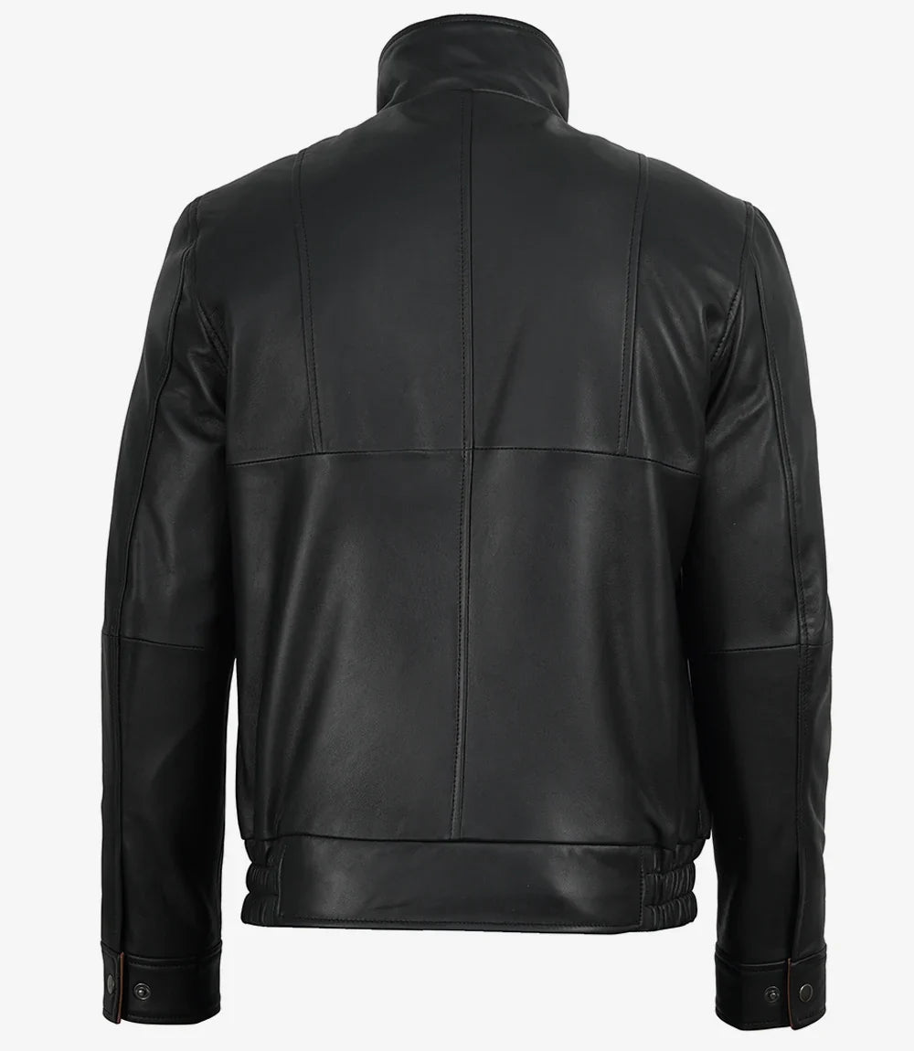 Erin men's black leather jacket, casual styling front view