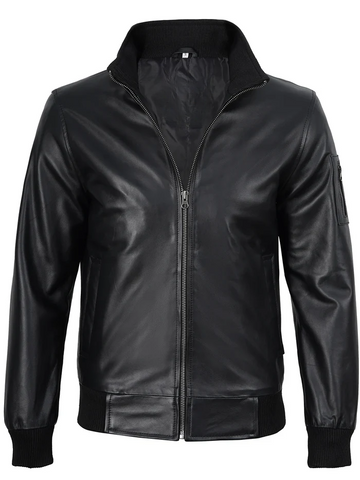 Men’s Black Bomber Leather Jacket – Front View | NSM Jackets
