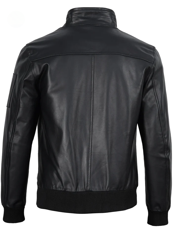 Hawk Men's Black Leather Bomber Jacket - Front View