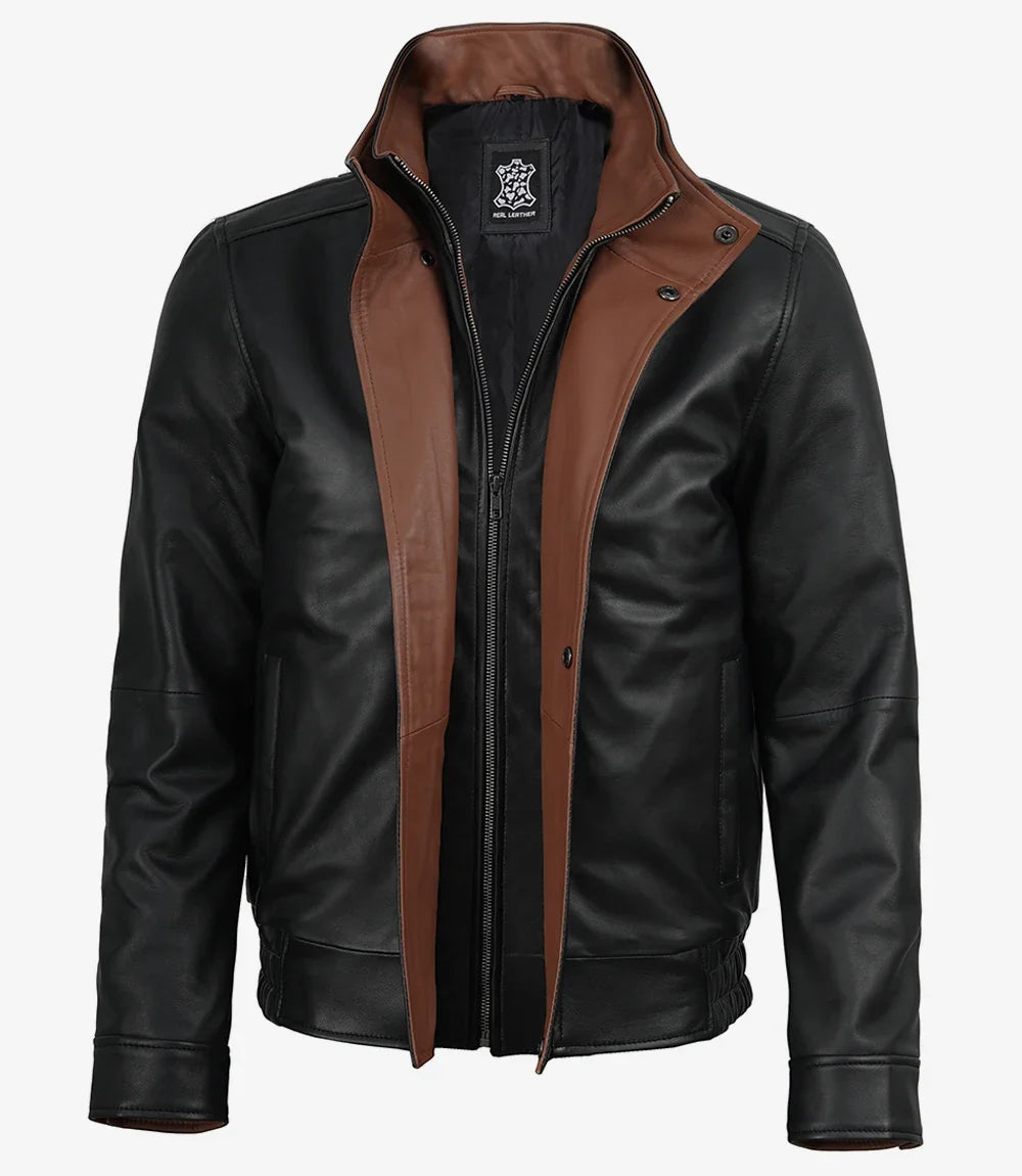 Men's black leather jacket, front zipper detail