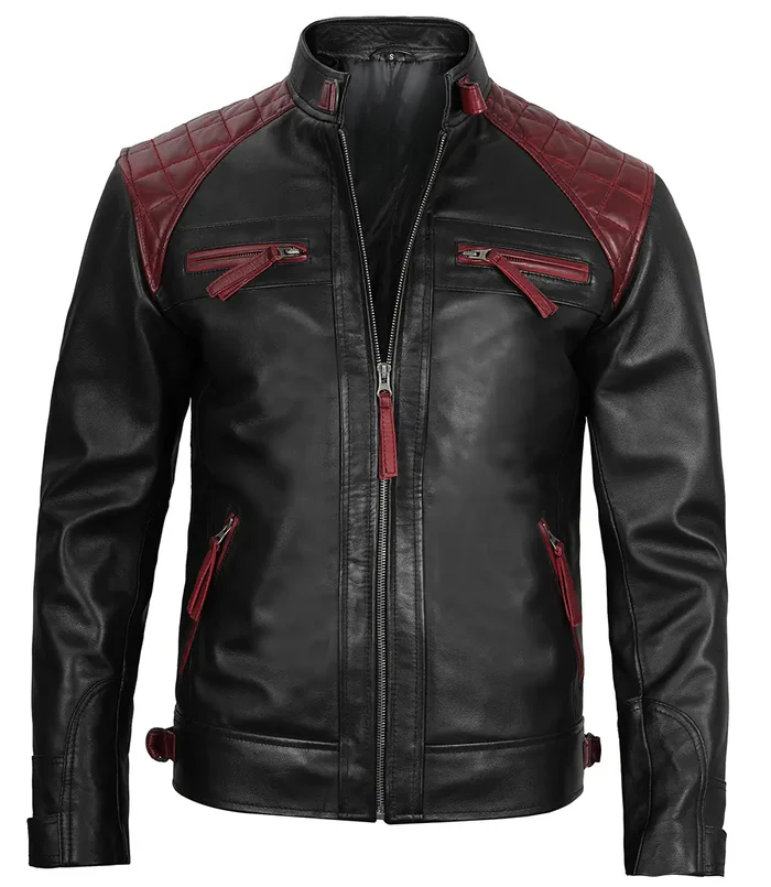 Men’s Black & Red Café Racer Real Leather Jacket – Front View