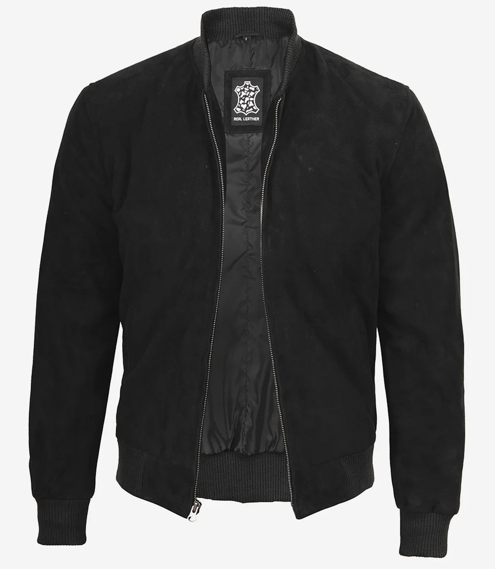 Men's Black Suede Bomber Jacket - Detail View