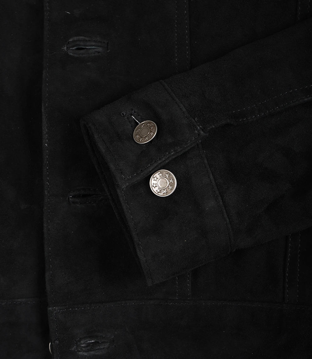 Men's Black Suede Leather Trucker Jacket - Close-up