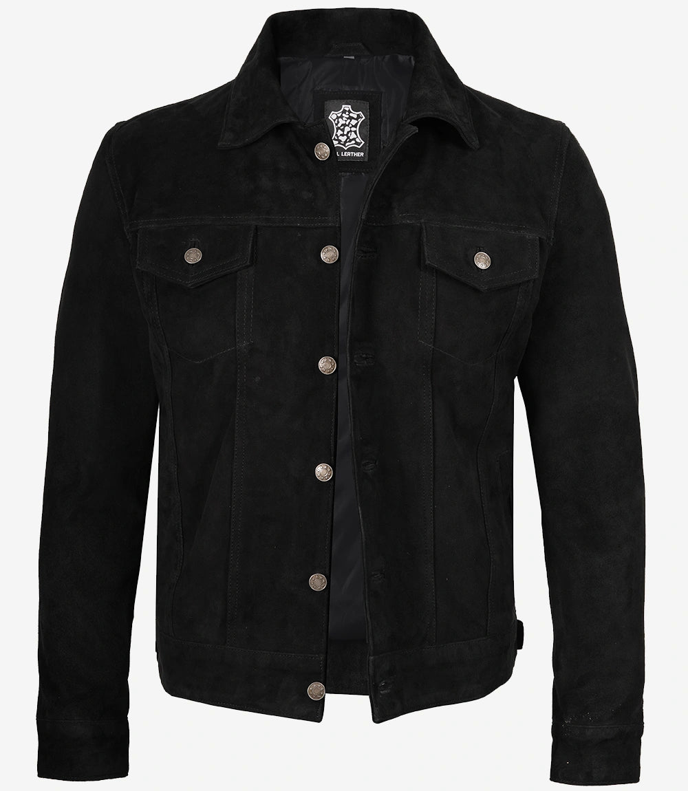Men's Black Suede Leather Trucker Jacket - Detail View