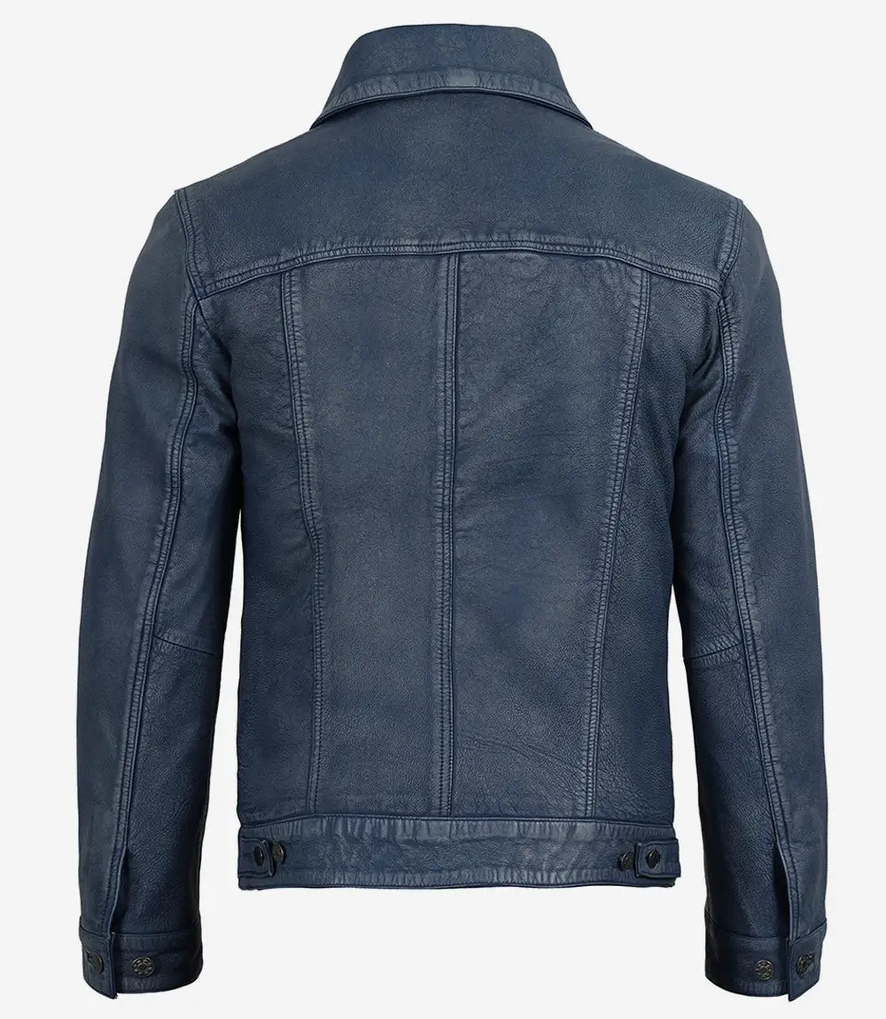 Men's blue button-front leather jacket, front detail