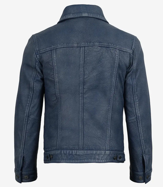 Men's blue button-front leather jacket, front detail