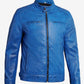 Men's blue leather biker jacket, chest pocket and collar detail
