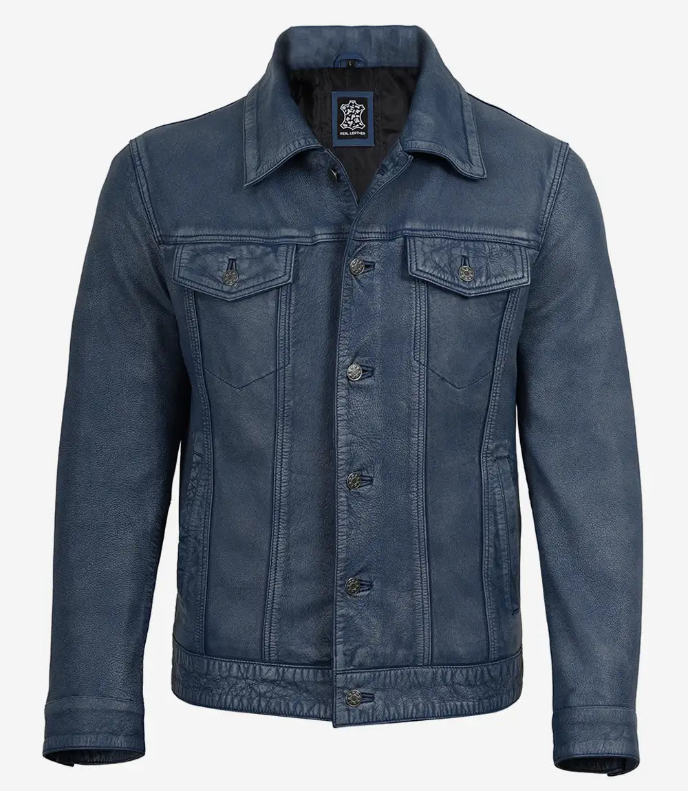 Men's blue trucker leather jacket by NSM Jackets