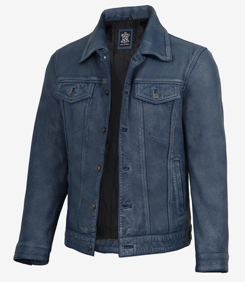 Men's blue washed distressed leather jacket, texture detail