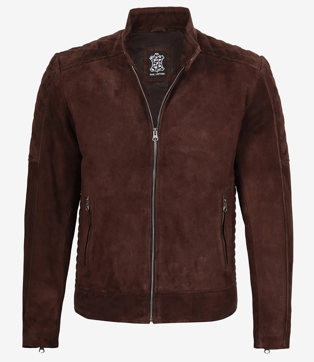 Men's Brown Suede Cafe Racer Jacket - Full Length