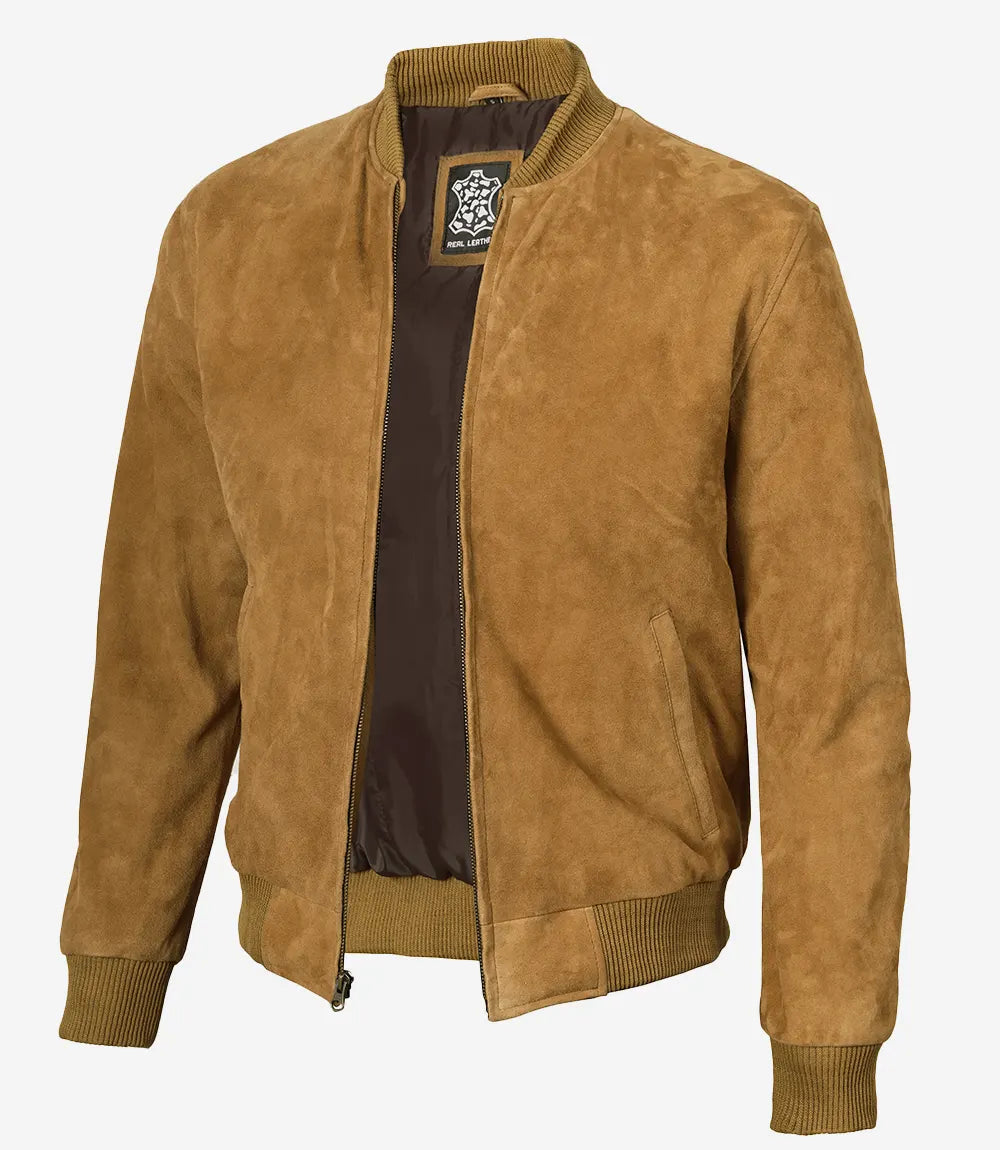 Men's Tan Suede Bomber Jacket - Front View