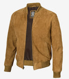 Men's Tan Suede Bomber Jacket - Front View