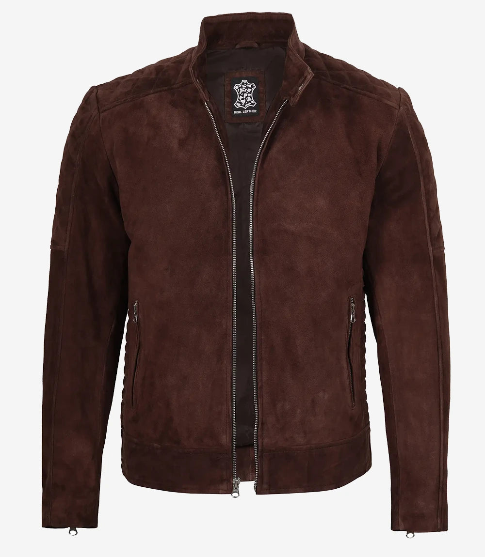 Men's Brown Suede Cafe Racer Jacket - Open View