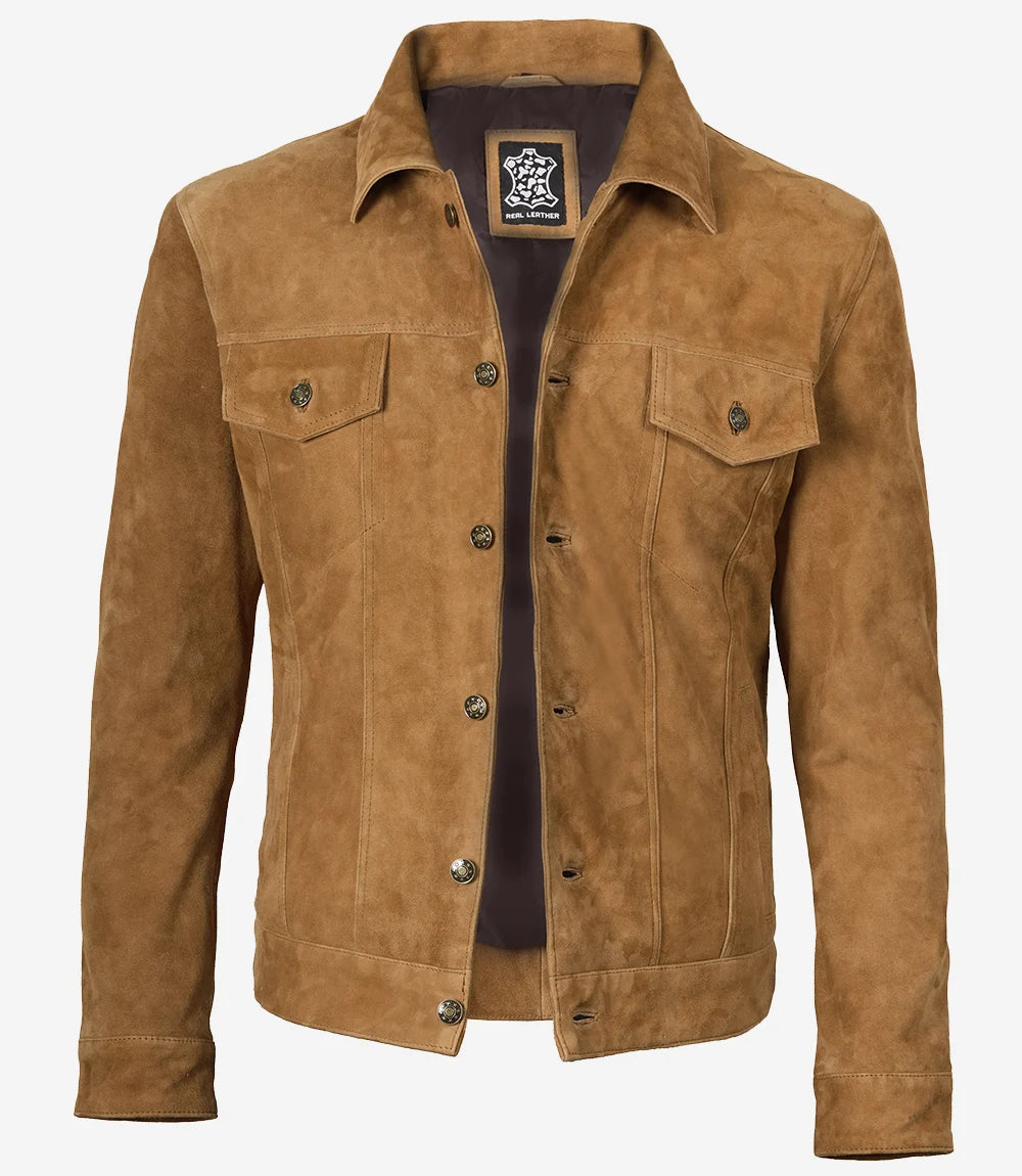 Men's Cognac Suede Trucker Jacket - Detail View