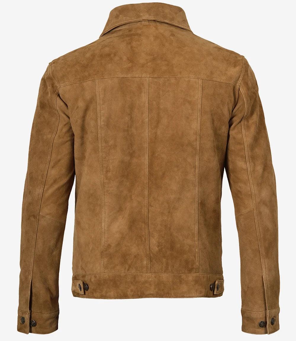 Men's Cognac Suede Trucker Jacket - Side View