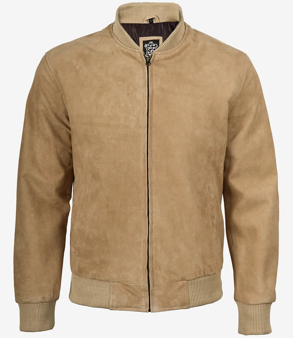 Men's Camel Suede Bomber Jacket - Detail View