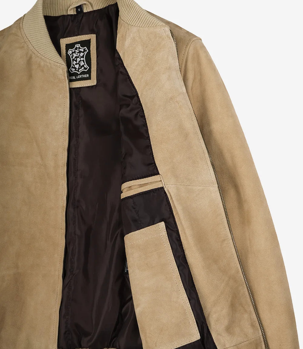 Men's Camel Suede Bomber Jacket - Close-up