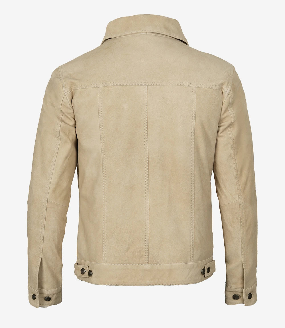 Men's Camel Suede Trucker Jacket - Side View