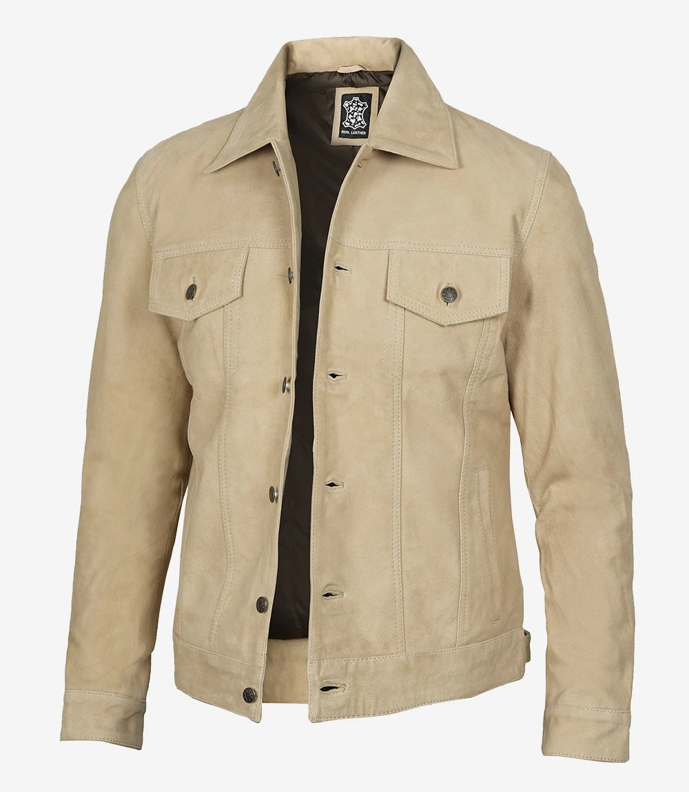 Men's Camel Suede Trucker Jacket - Front View