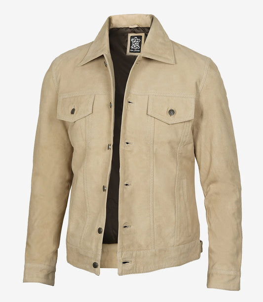 Men's Camel Suede Trucker Jacket - Front View
