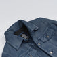 Men's casual blue leather trucker jacket, full front view