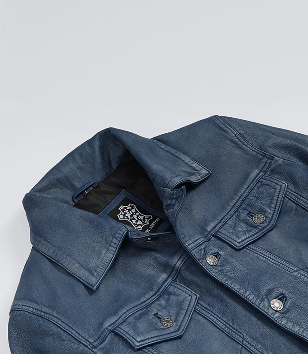 Men's casual blue leather trucker jacket, full front view