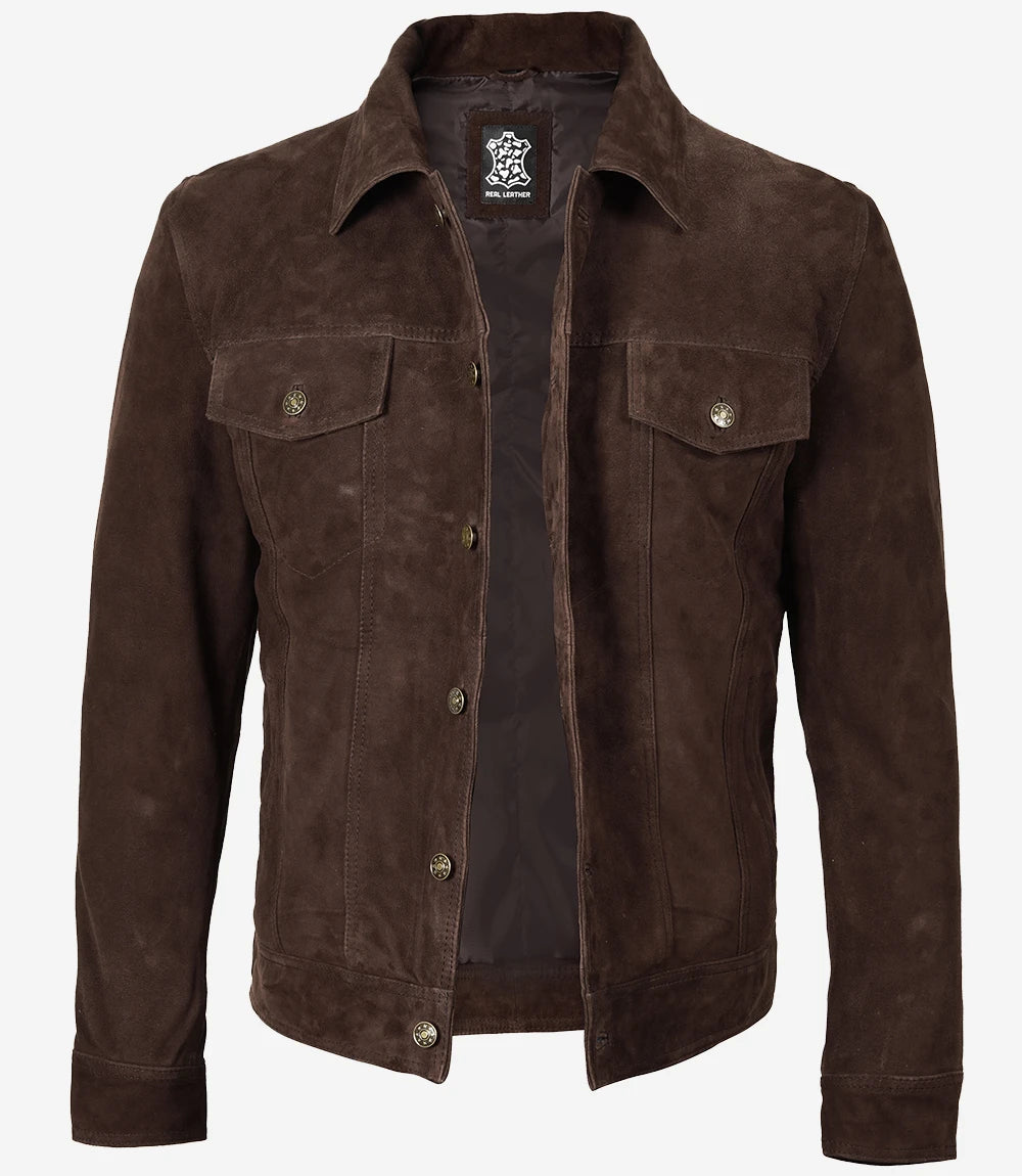 Men's Dark Brown Suede Trucker Jacket - Detail View