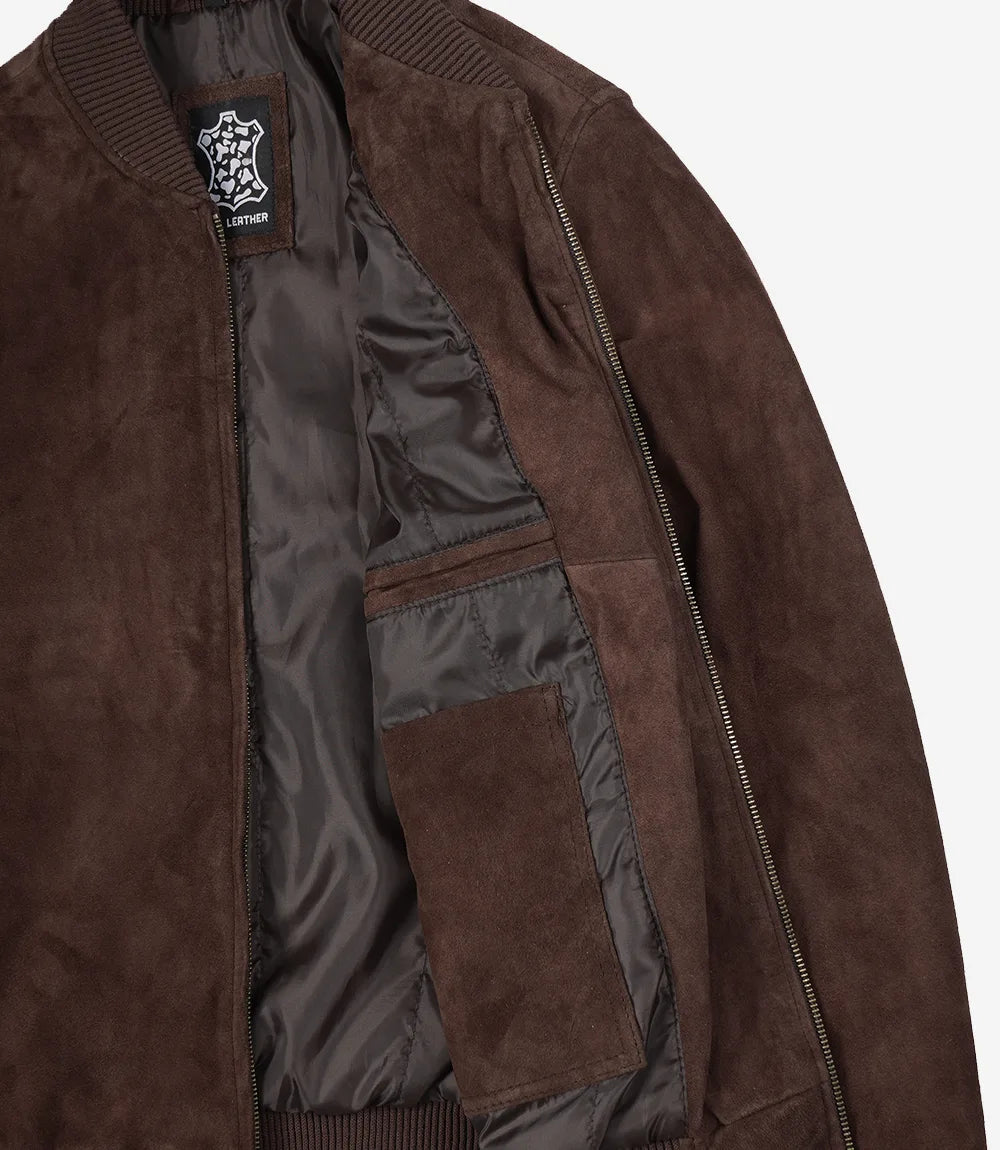Men's Camel Suede Bomber Jacket - Detail View