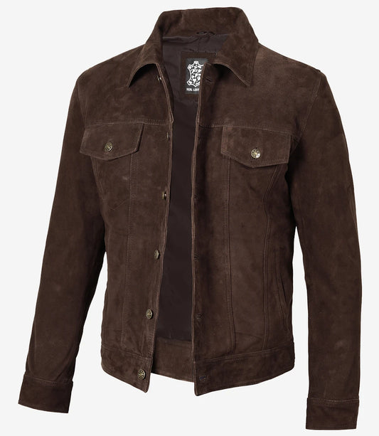 Men's Dark Brown Suede Trucker Jacket - Front View