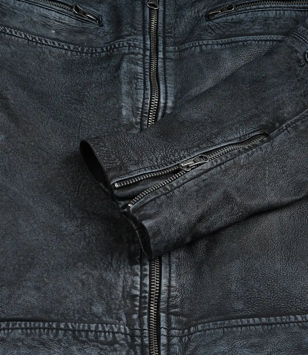 Men's distressed leather jacket, chest zip pocket details