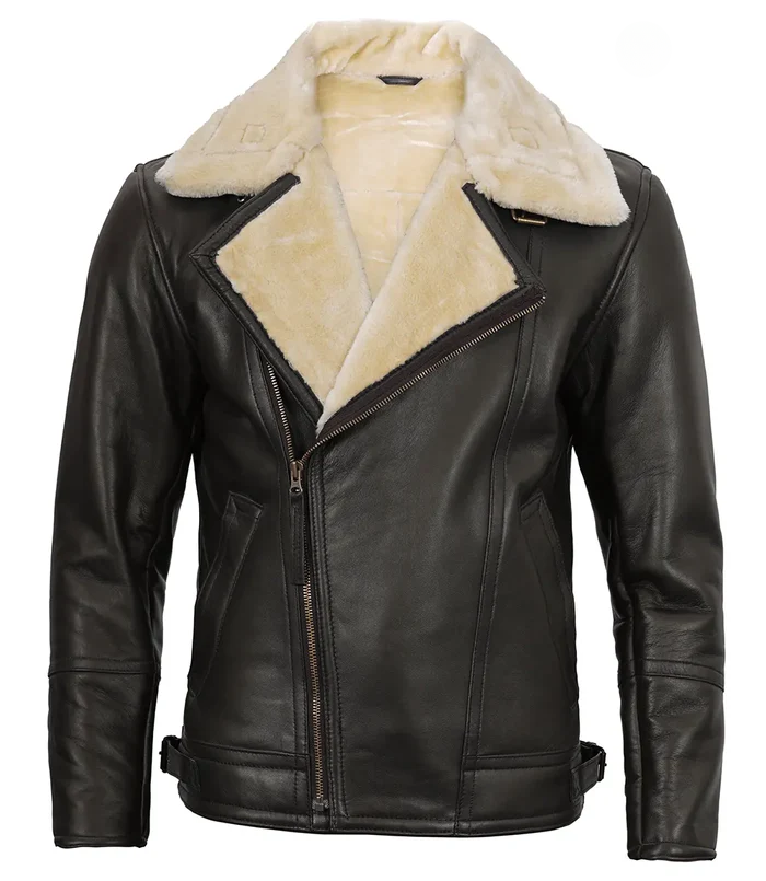 Ace Men's Black B3 Shearling Leather Jacket - Collar Detail View