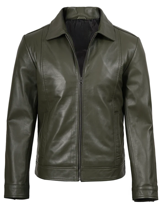 Harlow Men's Green Leather Jacket - Front View