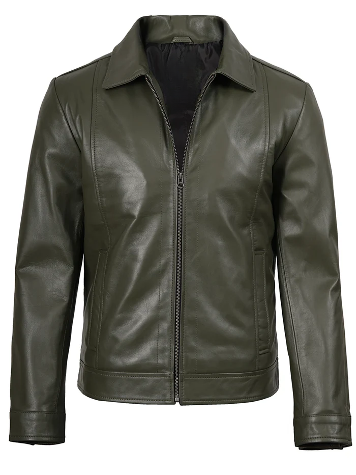 Men’s Green Real Leather Harrington Jacket – Front View | NSM Jackets
