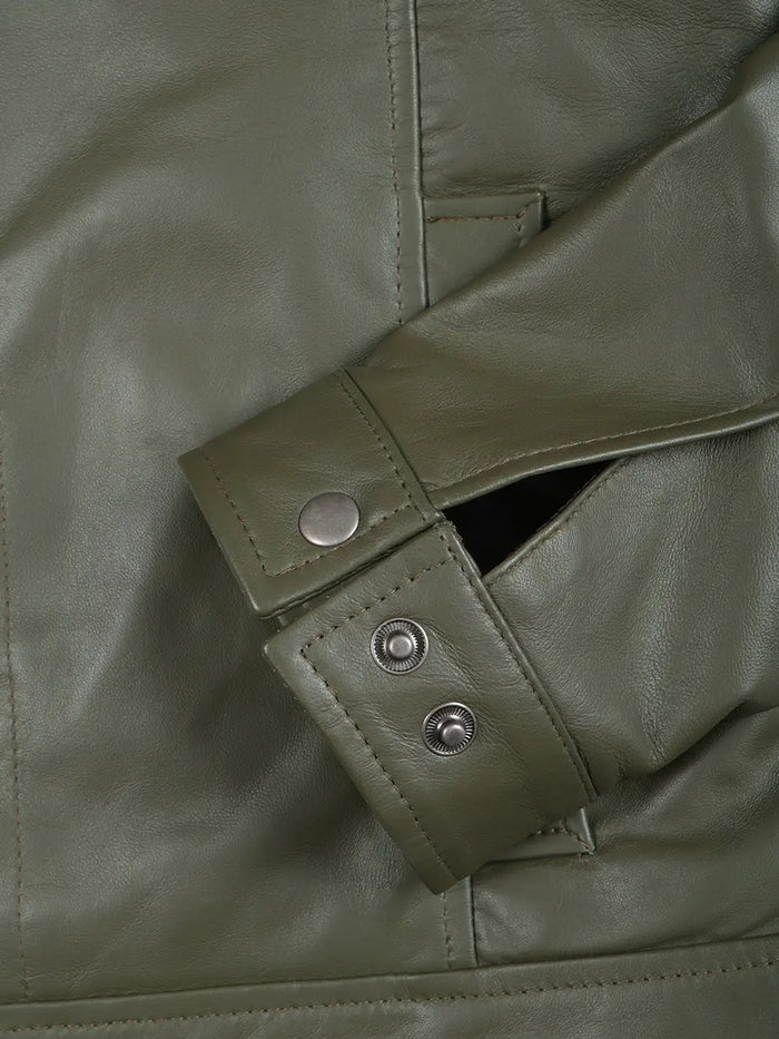 Harlow Men's Green Leather Jacket - Front Open View