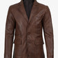 Earl men's brown leather blazer, front view, buttoned