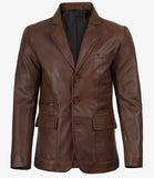 Earl men's brown leather blazer, front view, buttoned