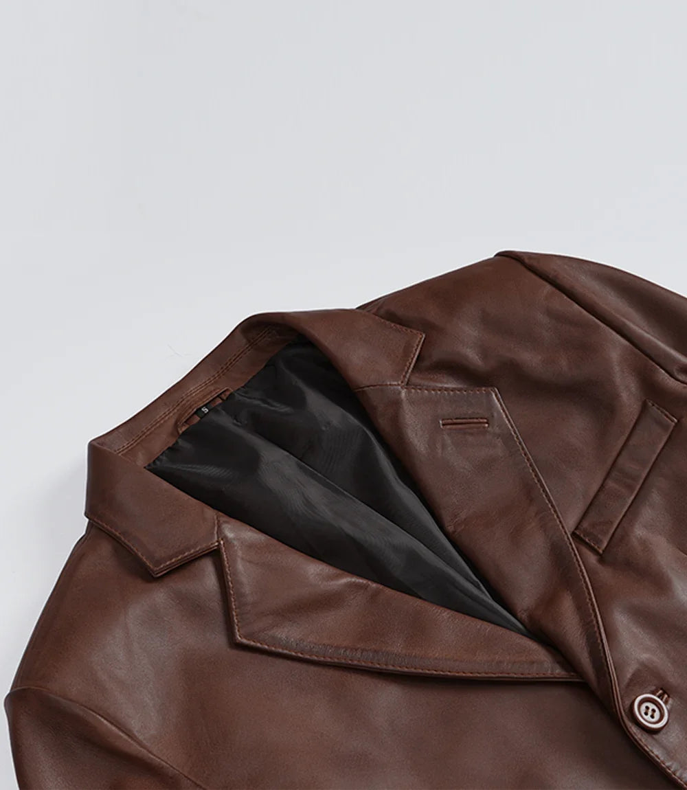 Men's brown leather blazer, notch lapel closeup detail