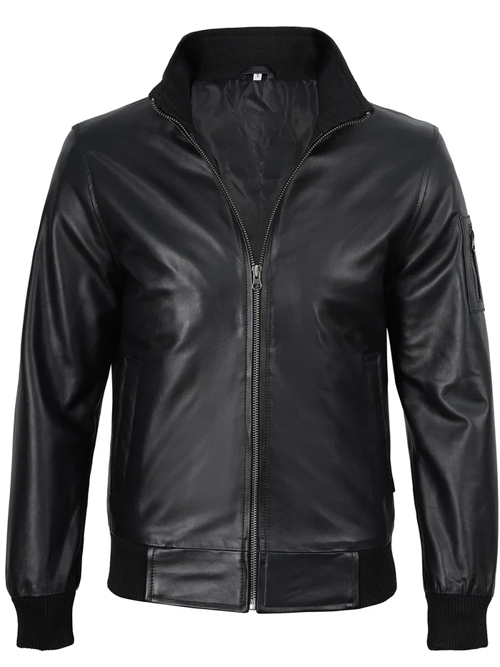 Hawk Men's Black Leather Bomber Jacket - Side View