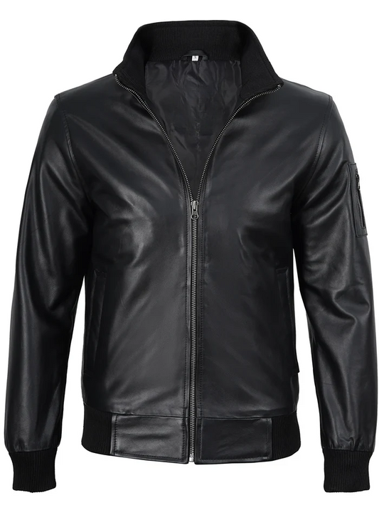 Hawk Men's Black Leather Bomber Jacket - Side View