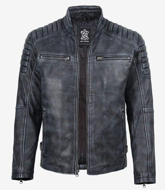 Felix men's black washed leather jacket, front view unzipped